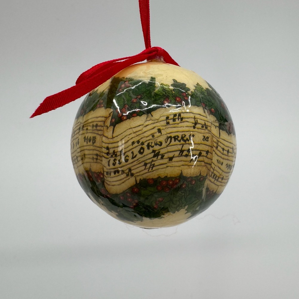 Vtg Midwest Importers Decoupage Christmas Ball Ornament Holly Sheet Music Taiwan